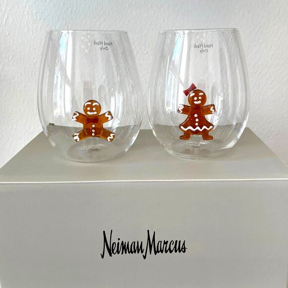 NEIMAN MARCUS Gingerbread Man Stemless Wine Glass Set of 2 Holiday Barware NEW - Picture 2 of 12